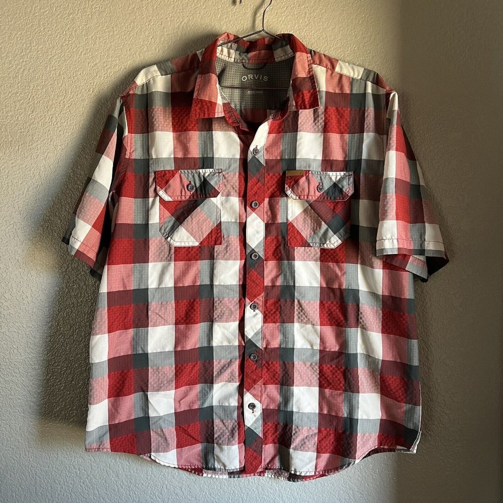 Men’s Orvis Hiking Outdoor Button Up Shirt Red & Grey Plaid Size XL